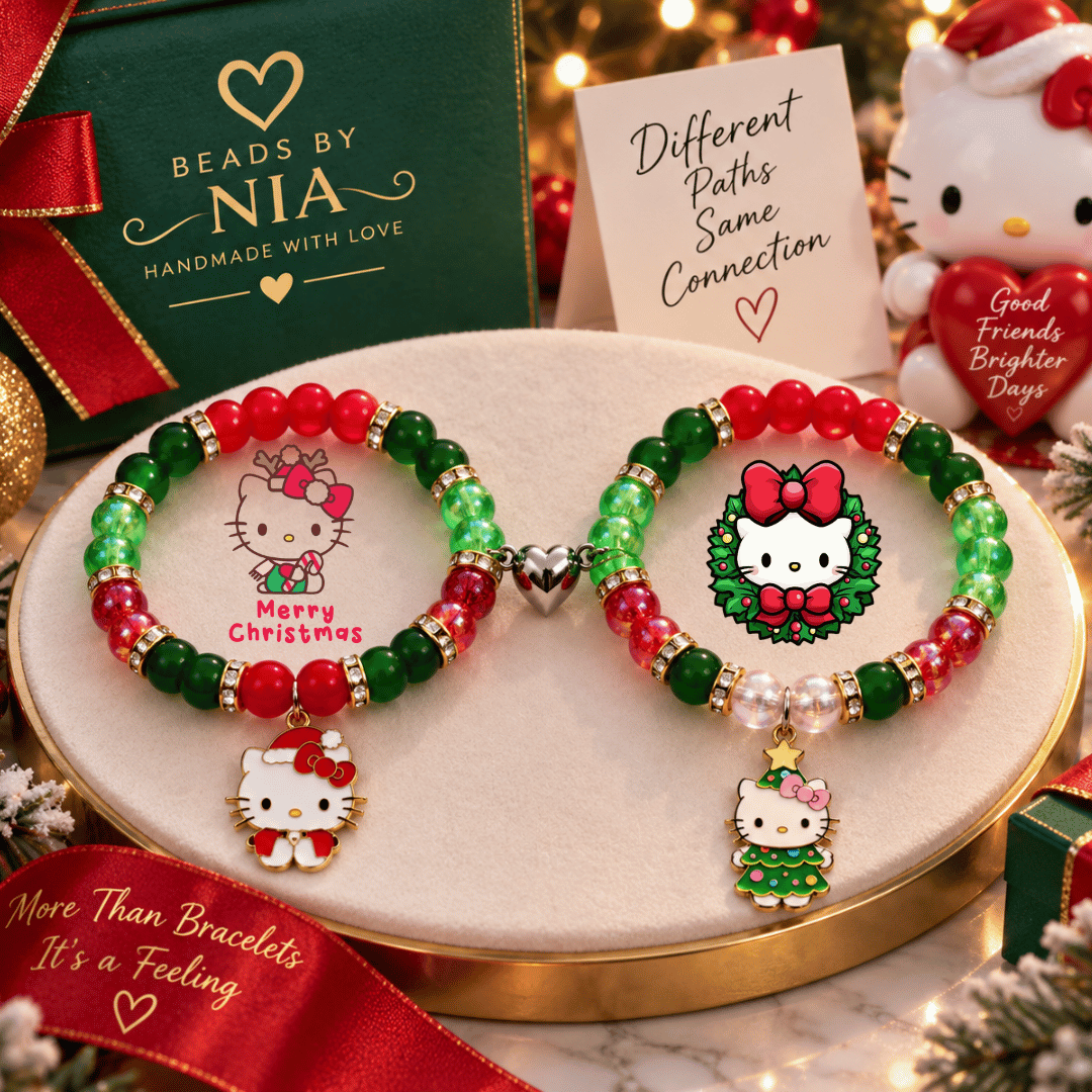 Red and green Christmas Hello Kitty bracelets with wreath and tree charms - Beads by Nia