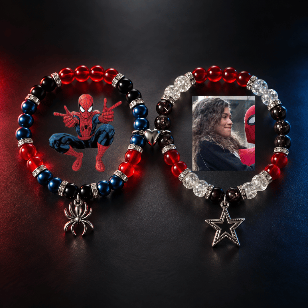 Spiderman and MJ beaded bracelets with spider and star charms on dark grey - Beads by Nia