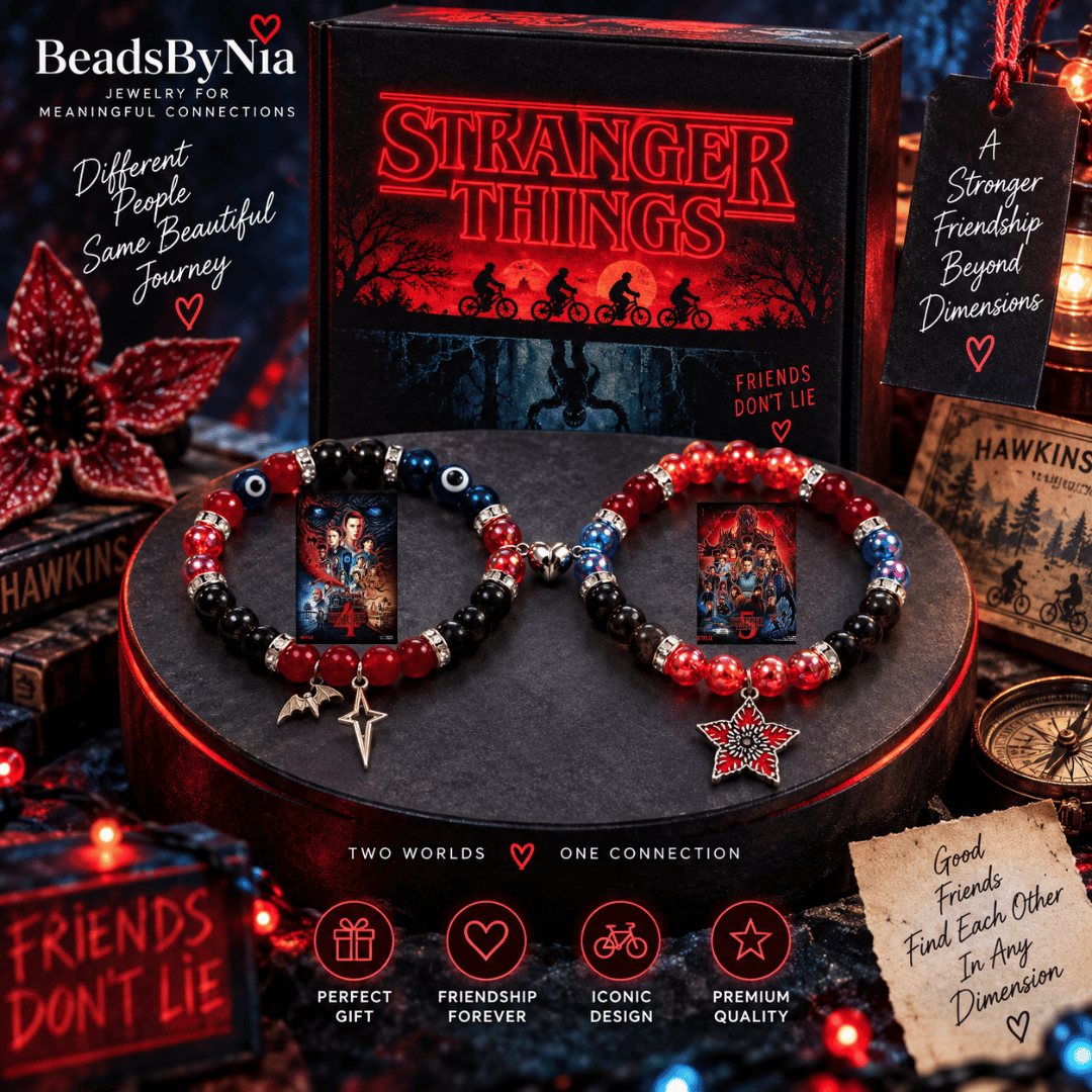 Stranger Things bracelets on a dark stand with star and bat charms - Beads by Nia