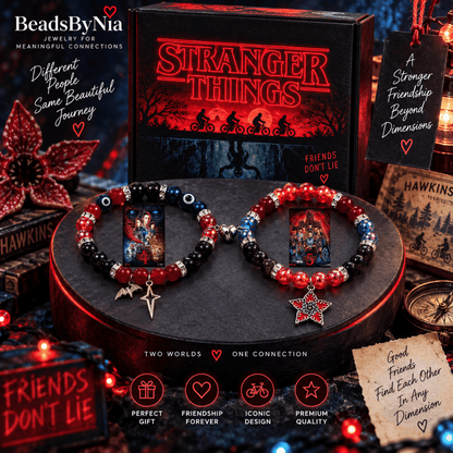 Stranger Things bracelets on a dark stand with star and bat charms - Beads by Nia