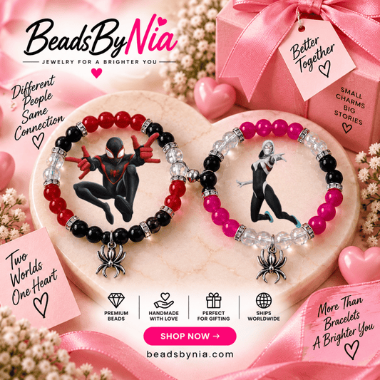 Miles and Gwen matching bracelets in black and pink on a heart display - Beads by Nia