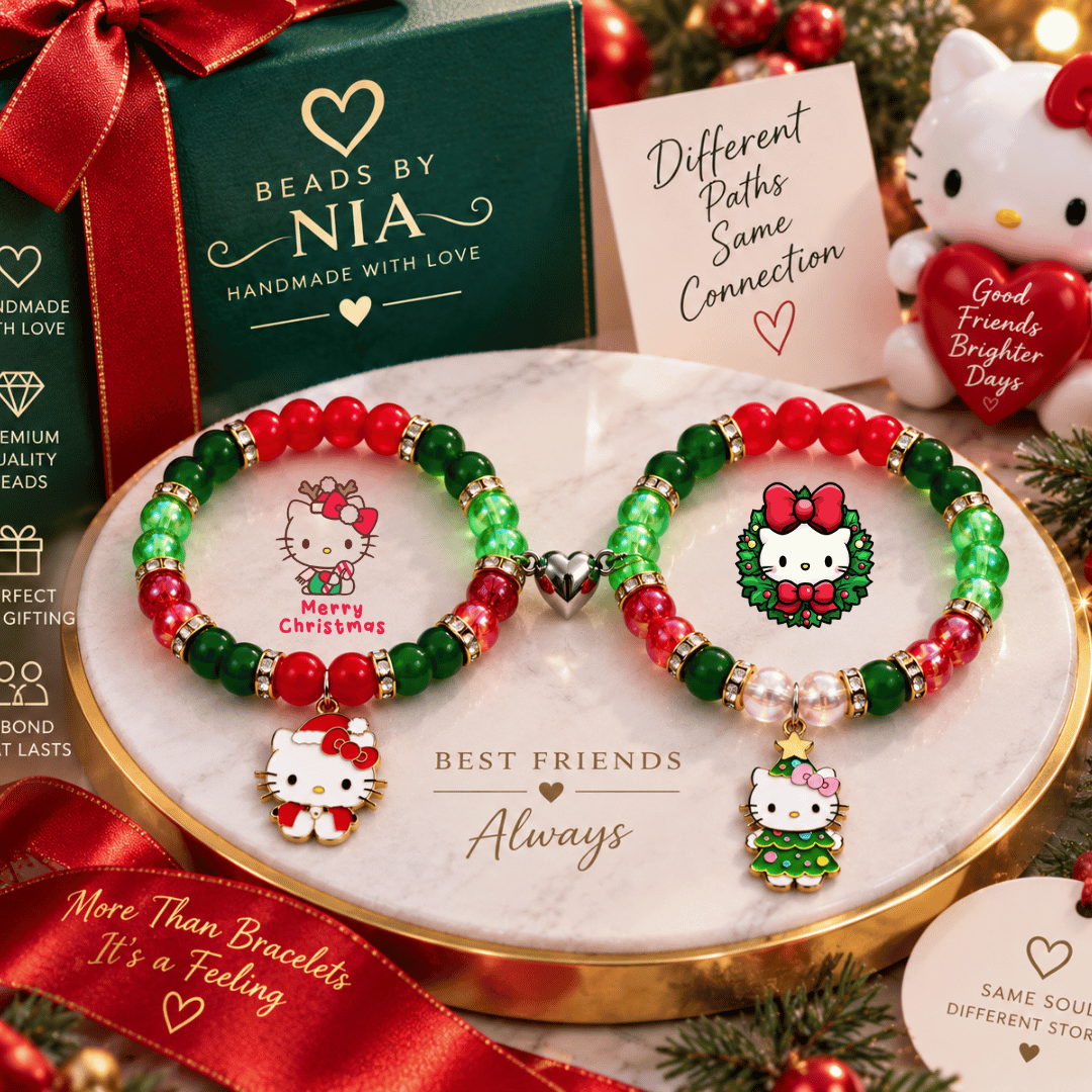 Christmas Hello Kitty bracelets on a cream stand with best friends cards - Beads by Nia