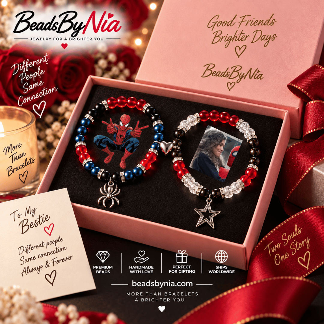 Spiderman and MJ matching bracelets in a gift box with red ribbon - Beads by Nia