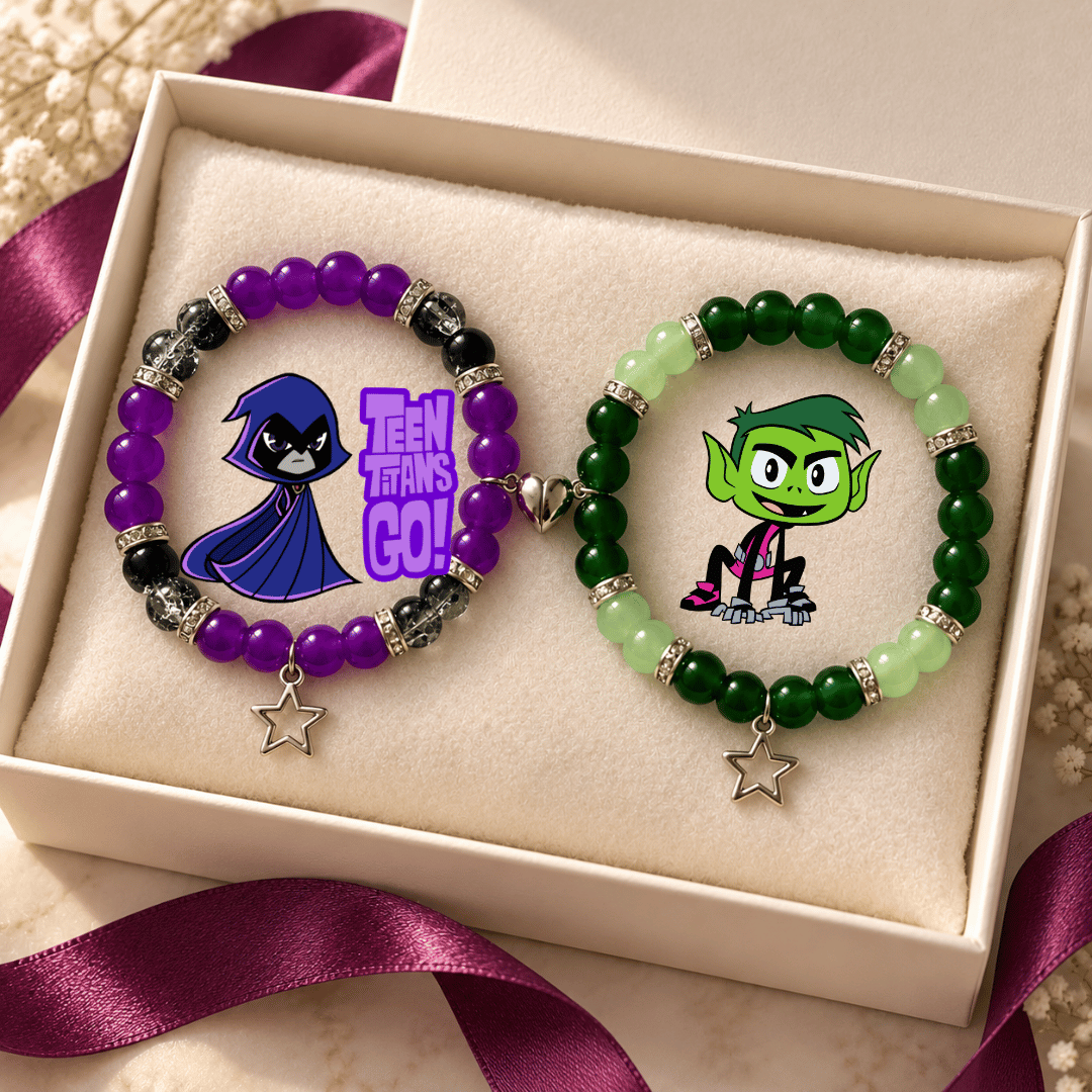 Raven and Beast Boy matching bracelets in a white gift box with ribbon - Beads by Nia
