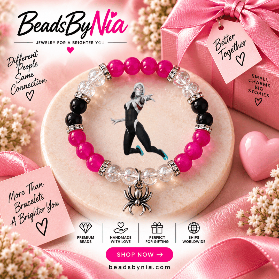 Gwen Stacy bracelet in pink, black and clear beads with character art - Beads by Nia