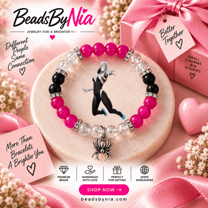 Gwen Stacy bracelet in pink, black and clear beads with character art - Beads by Nia