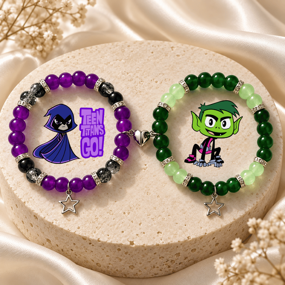 Raven and Beast Boy beaded bracelets on stone with silver star charms - Beads by Nia