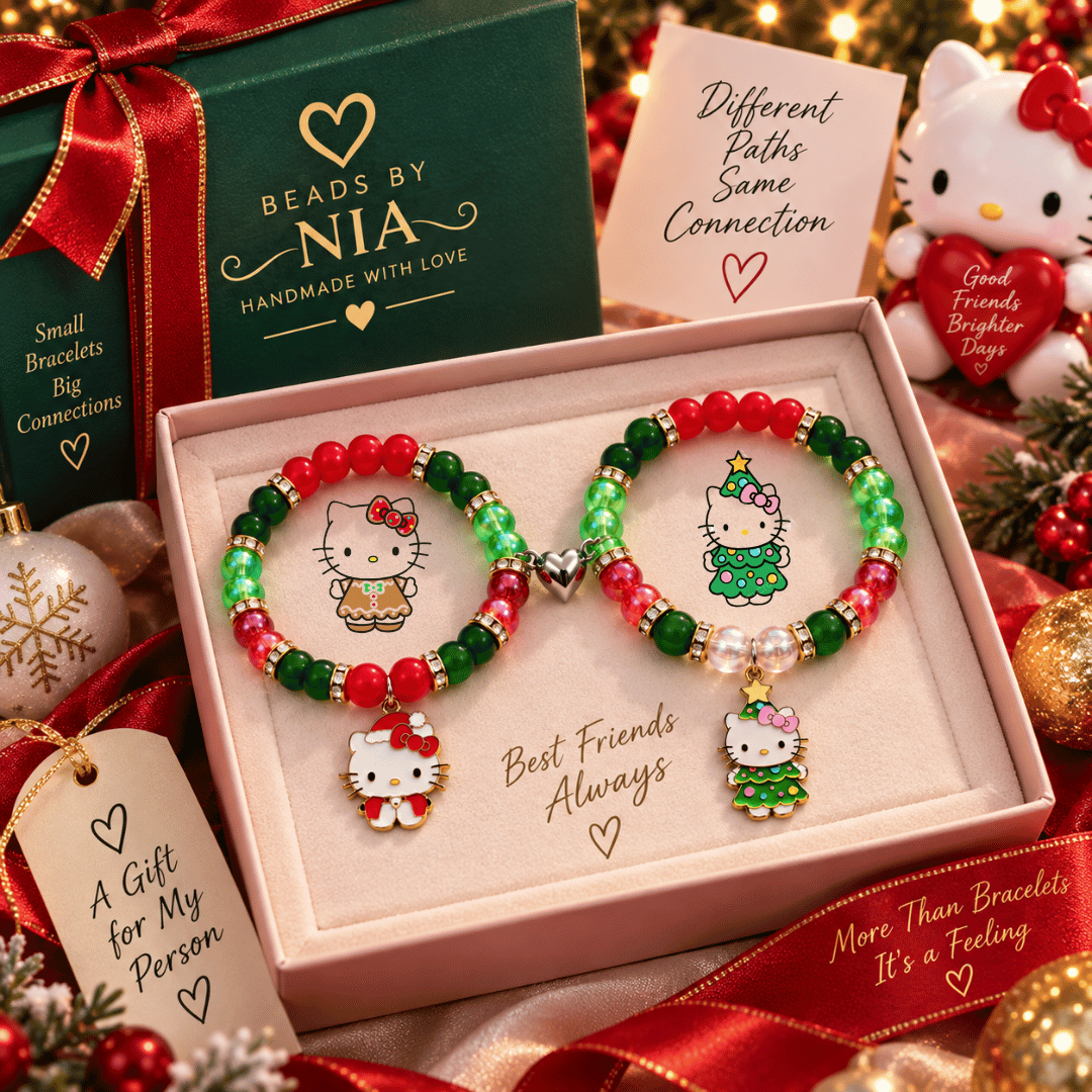 Christmas Hello Kitty bracelet pair in a cream gift box with holiday decor - Beads by Nia