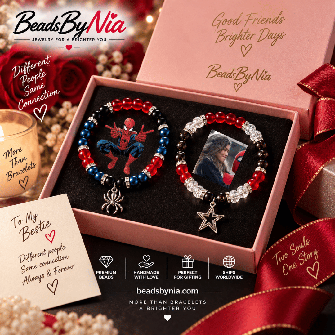 Spiderman and MJ bracelets boxed with a note card and pearls - Beads by Nia