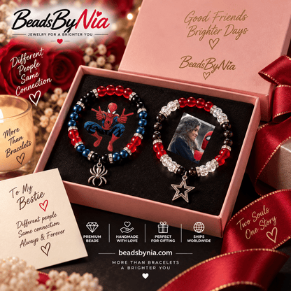 Spiderman and MJ bracelets boxed with a note card and pearls - Beads by Nia