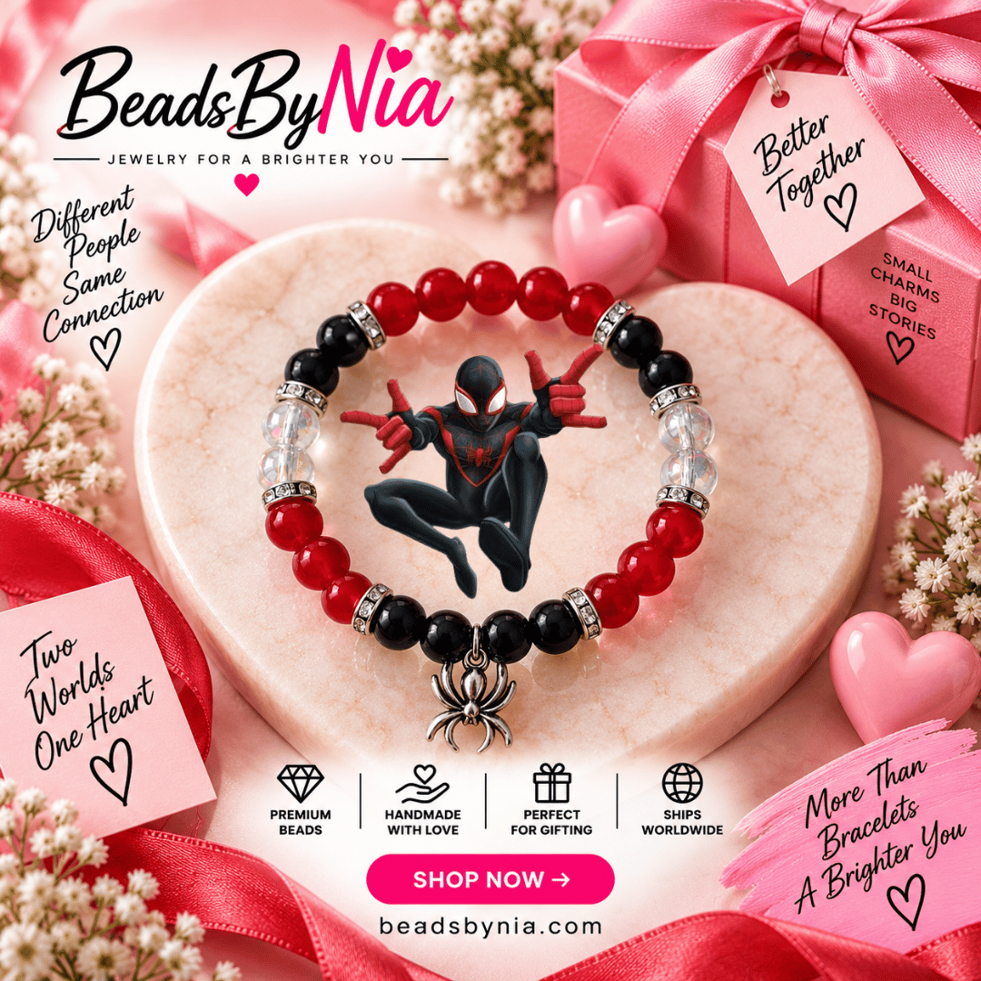 Miles Morales bracelet in black and red beads with a silver spider charm - Beads by Nia