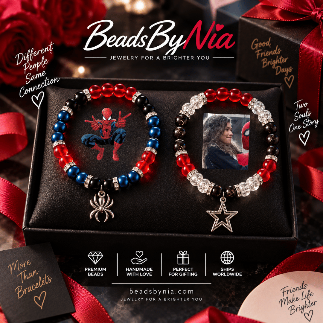 Spiderman and MJ bracelet set on black velvet with photo charms - Beads by Nia