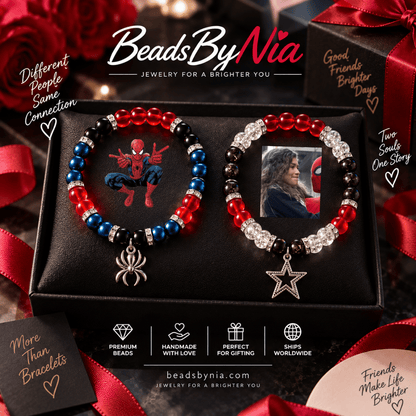 Spiderman and MJ bracelet set on black velvet with photo charms - Beads by Nia