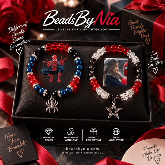 Spiderman and MJ bracelet set on black velvet with photo charms - Beads by Nia