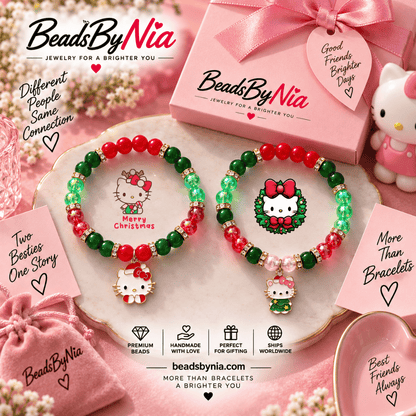 Christmas Hello Kitty matching bracelets with a pink pouch and gift cards - Beads by Nia