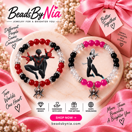 Miles and Gwen Spiderverse bracelets with spider charms and a gift tag - Beads by Nia