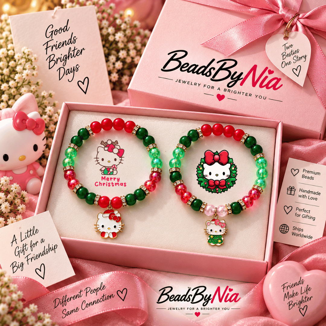 Festive Hello Kitty matching bracelets boxed with a Hello Kitty plush - Beads by Nia