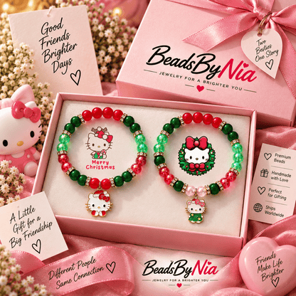 Festive Hello Kitty matching bracelets boxed with a Hello Kitty plush - Beads by Nia