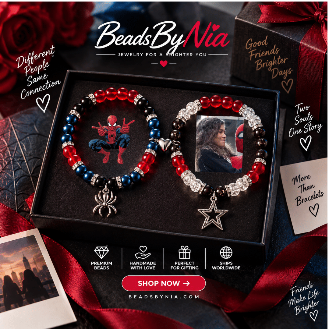 Spiderman and MJ matching bracelets in a black gift box with spider and star charms