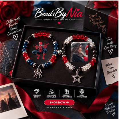 Spiderman and MJ matching bracelets in a black gift box with spider and star charms