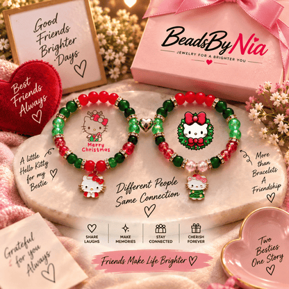 Matching Christmas Hello Kitty bracelets in red and green with festive charms - Beads by Nia