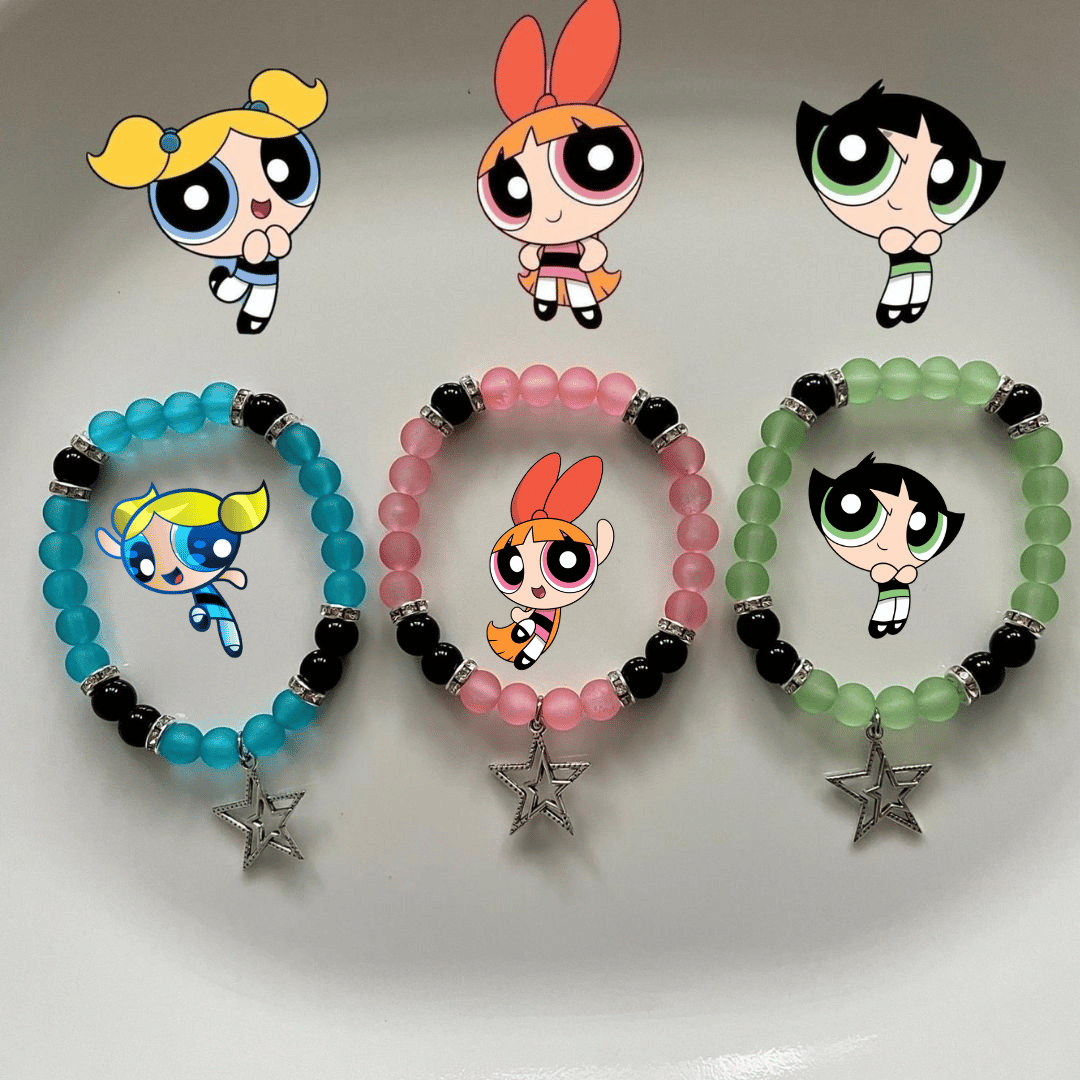Powerpuff Girls bracelets with Bubbles, Blossom and Buttercup figures and star charms
