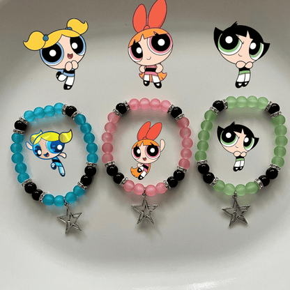 Powerpuff Girls bracelets with Bubbles, Blossom and Buttercup figures and star charms