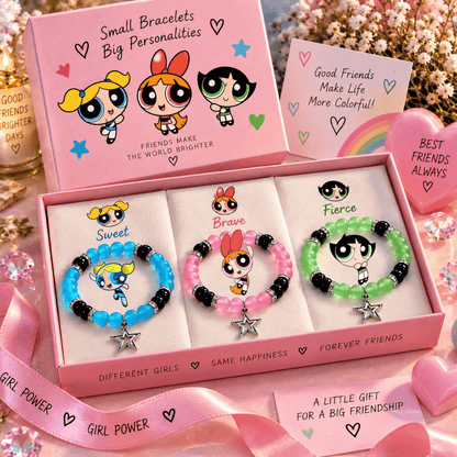Powerpuff Girls bracelet trio in a pink gift box with Sweet, Brave and Fierce cards