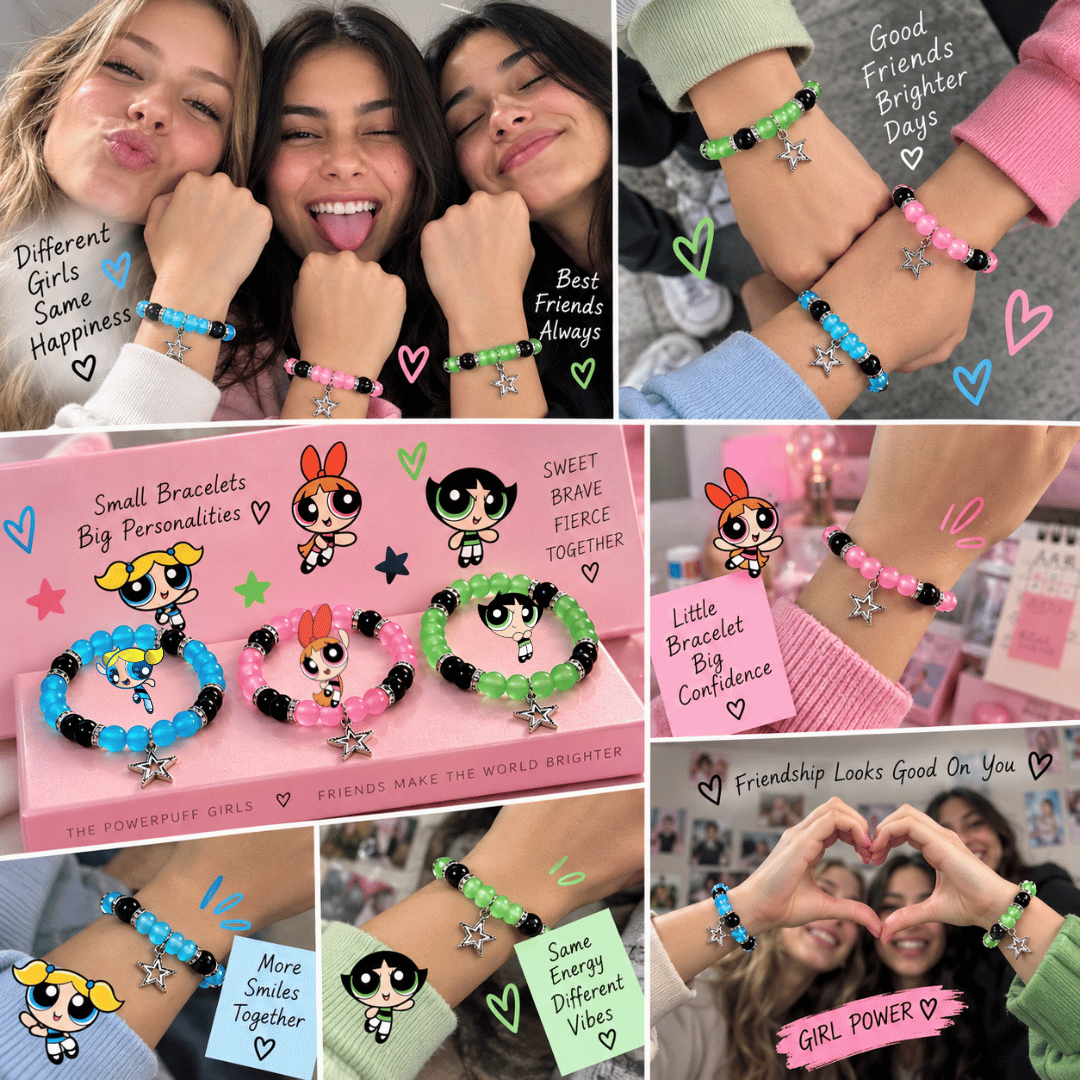 Friends wearing Powerpuff Girls matching bracelets in a photo collage - Beads by Nia