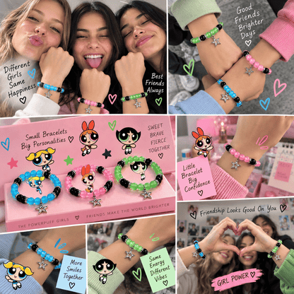 Friends wearing Powerpuff Girls matching bracelets in a photo collage - Beads by Nia
