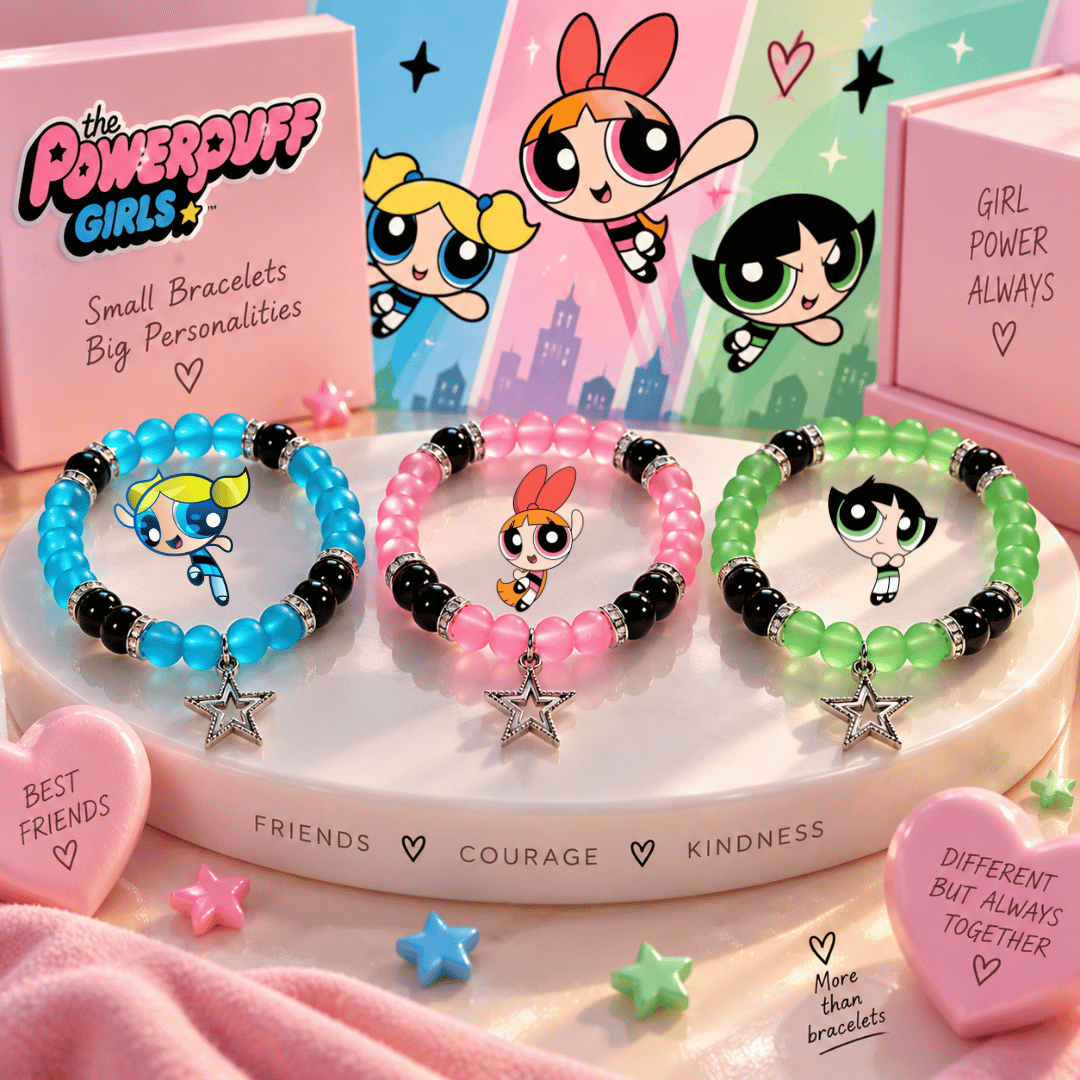 Three Powerpuff Girls bracelets in blue, pink and green with silver star charms on pink