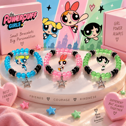 Three Powerpuff Girls bracelets in blue, pink and green with silver star charms on pink