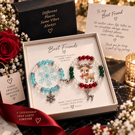 Christmas snowflake and reindeer matching bracelets in a Best Friends gift box