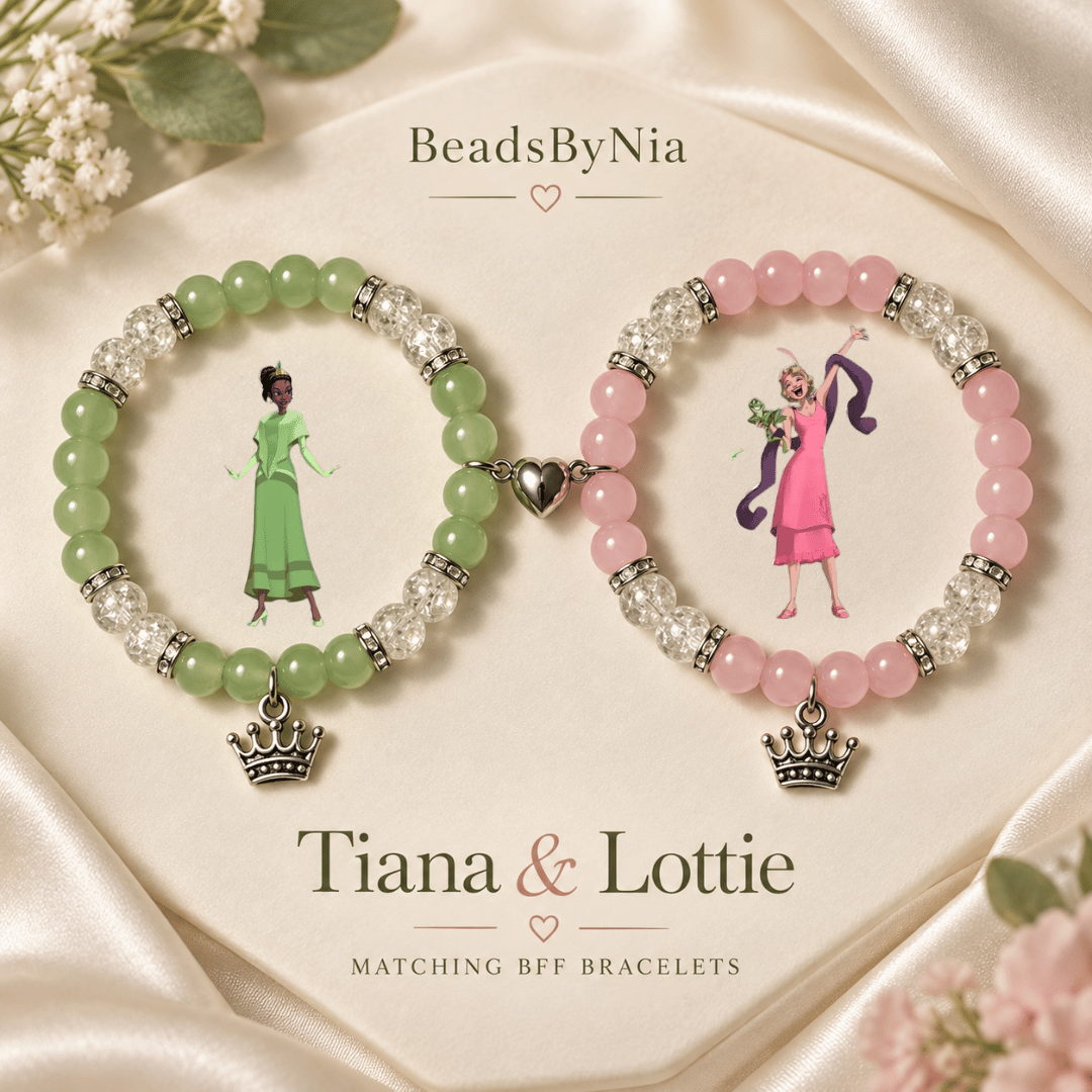 Tiana and Lottie matching bracelets with character art and silver crown charms - Beads by Nia