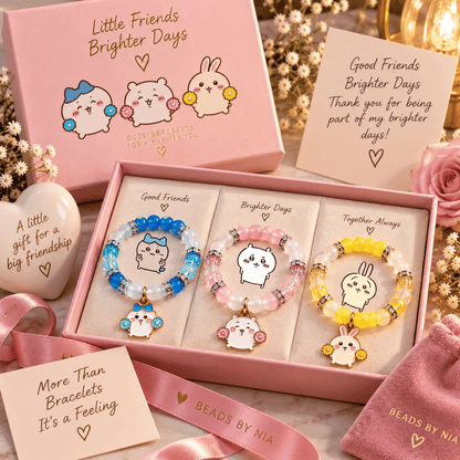 Chiikawa matching bracelets in a pink gift box with character cards - Beads by Nia