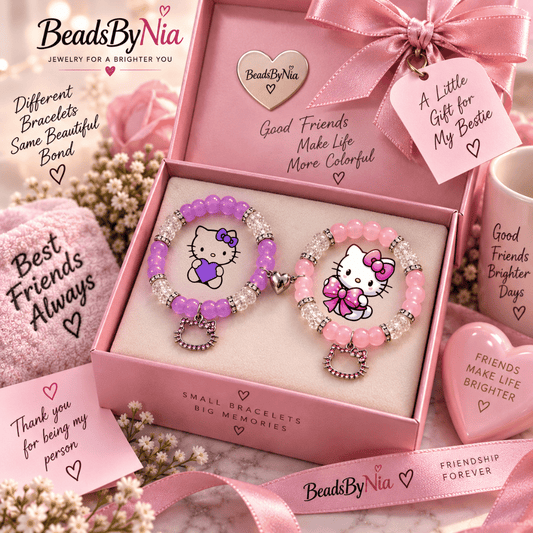 Pink and purple Hello Kitty matching bracelets in a pink gift box - Beads by Nia