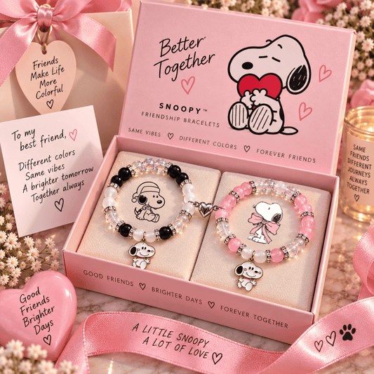 Snoopy matching bracelets in a pink Peanuts gift box with ribbon - Beads by Nia