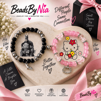 Batman and Hello Kitty couples bracelets in black and pink with a gift tag - Beads by Nia