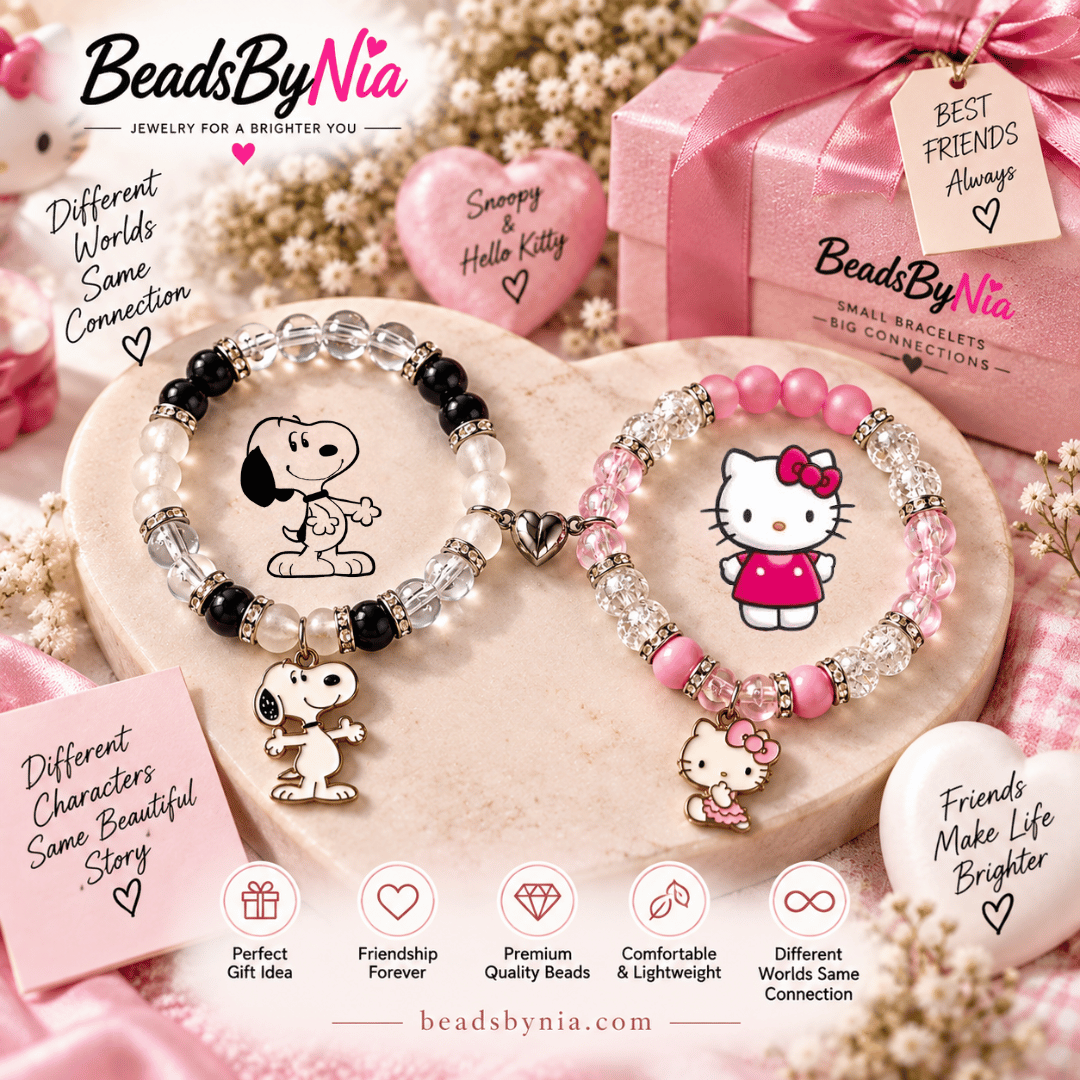 Snoopy and Hello Kitty matching bracelets with charms and a Snoopy plush - Beads by Nia