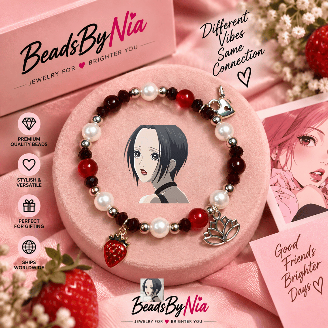 Nana bracelet in red, black and pearl beads with photo card and strawberry charm