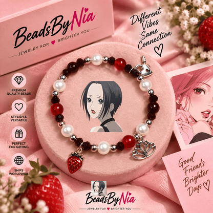 Nana bracelet in red, black and pearl beads with photo card and strawberry charm