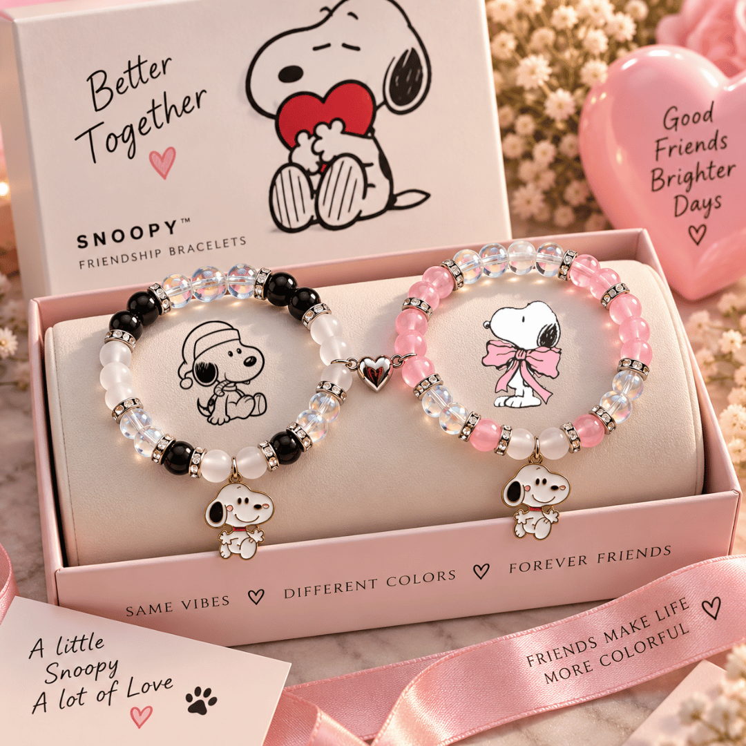 Snoopy matching bracelet pair gift boxed with pearls and pink satin - Beads by Nia