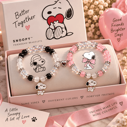 Snoopy matching bracelet pair gift boxed with pearls and pink satin - Beads by Nia