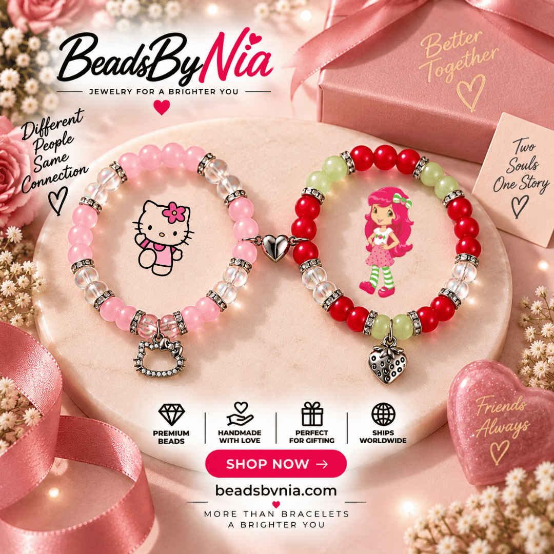 Hello Kitty and Strawberry Shortcake matching bracelets in pink and red - Beads by Nia