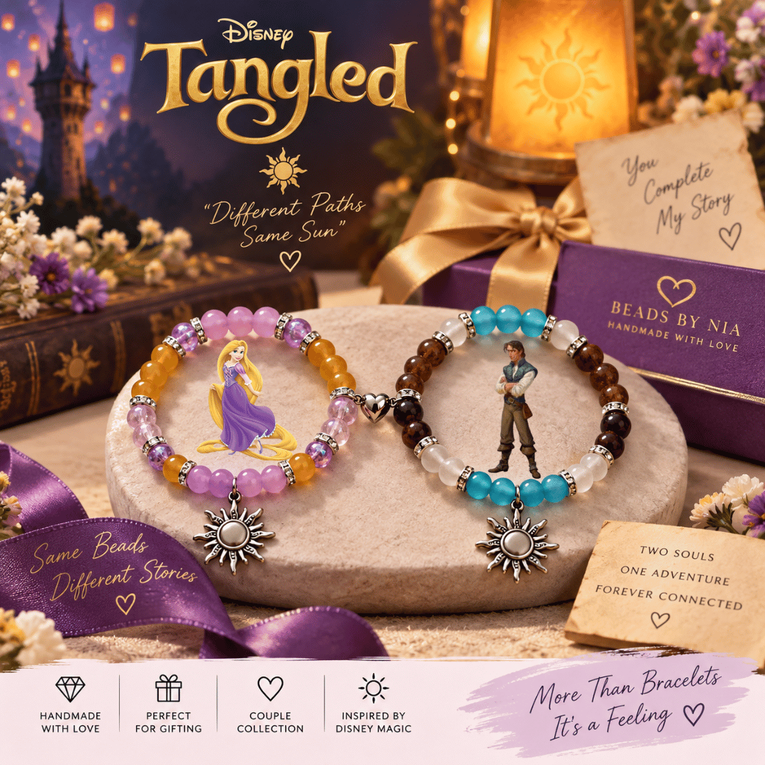 Purple Rapunzel and teal Flynn bracelets with Tangled art and sun pendants - Beads by Nia