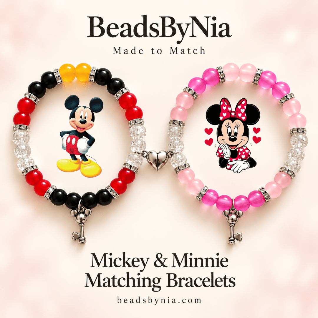 Mickey and Minnie matching bracelets in red, black and pink with character art - Beads by Nia