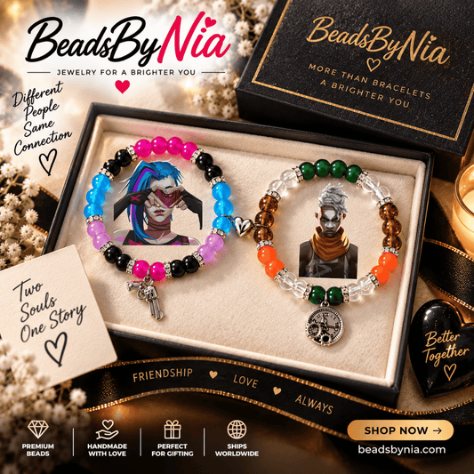 Jinx and Ekko matching bracelets in a cream gift box with Arcane art - Beads by Nia