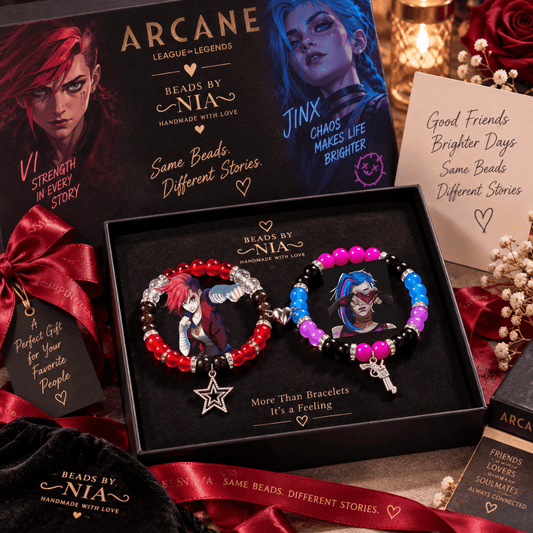 Jinx and Vi Arcane matching bracelets in a gift box with red roses - Beads by Nia
