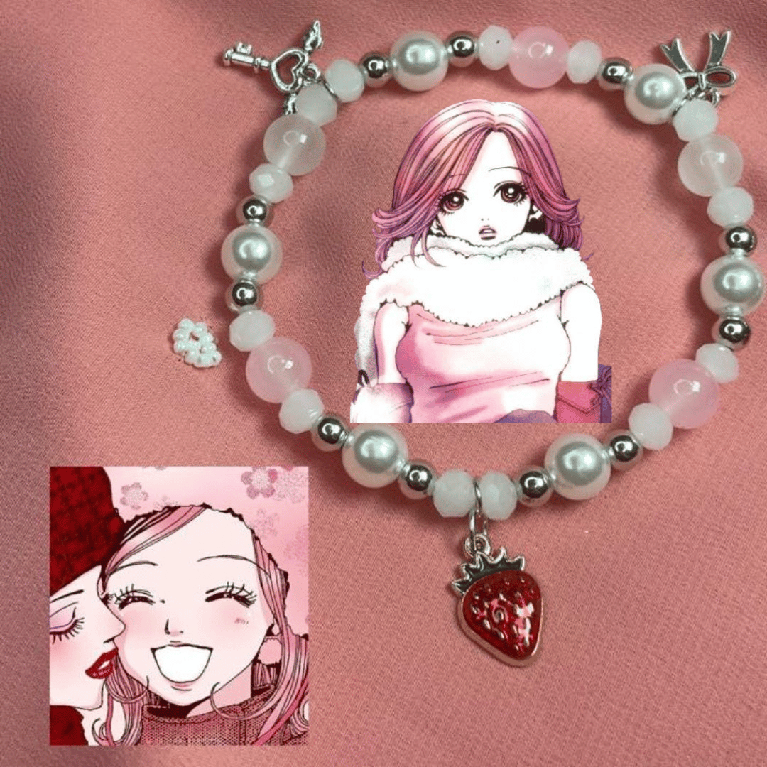 Hachi pastel bracelet with anime photo card and a red strawberry charm - Beads by Nia