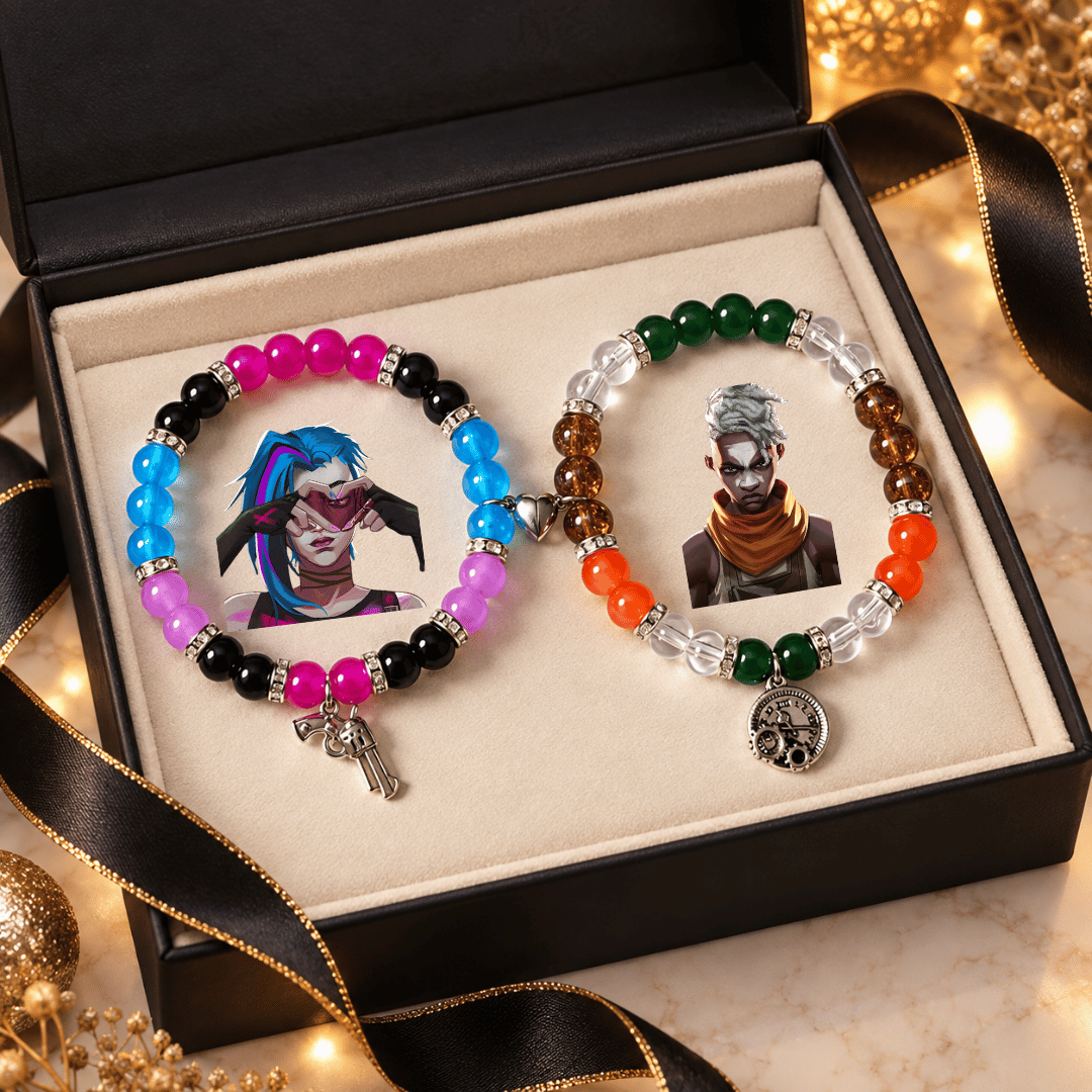 Jinx and Ekko bracelet set in a black gift box with warm fairy lights - Beads by Nia